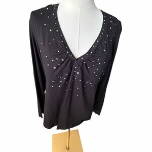 Marina Rinaldi Black Embellished V-Neck Long Sleeve Top - Women Medium